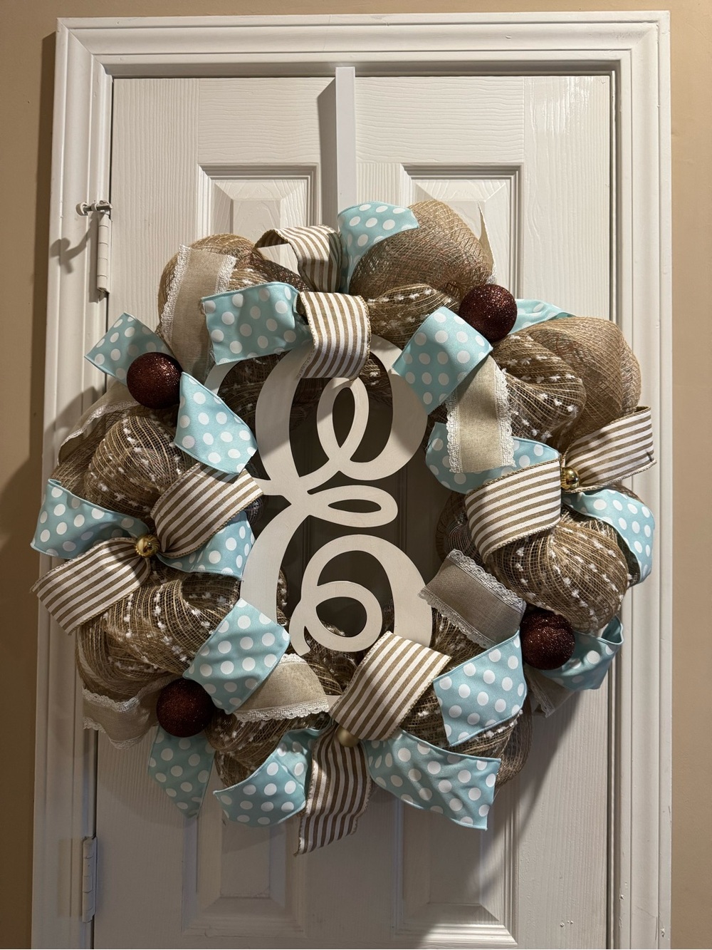 Home Holiday Burlap and Light Blue Polka Dot Decorative Wreath